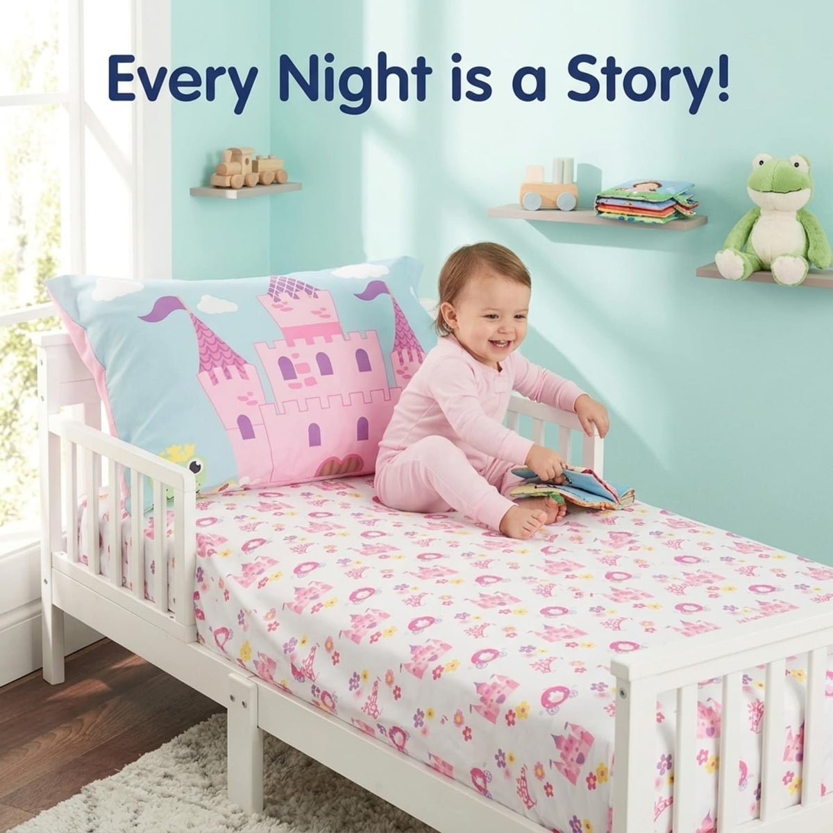 Everyday Kids Toddler Fitted Sheet and Pillowcase Set -Princess Storyland- Soft Breathable Microfiber Toddler Sheet Set