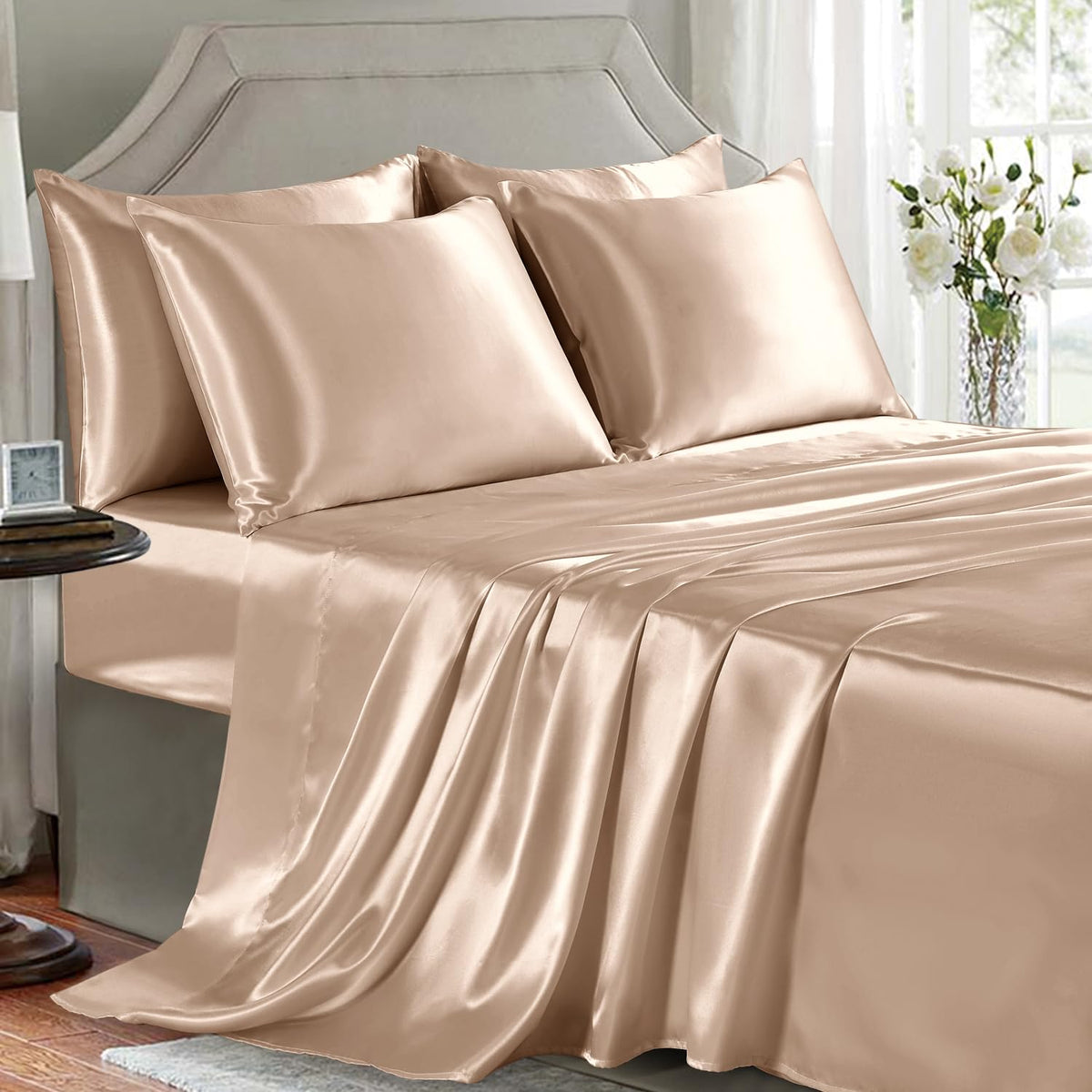 Satin Sheets Full Size - 4 Pieces Luxury Silky Soft Bed Sheets, Wrinkle-Free Black Satin Silk Sheet Set with 1 Deep Pocket Fitted Sheet, 1 Flat Sheet, 2 Pillow Cases
