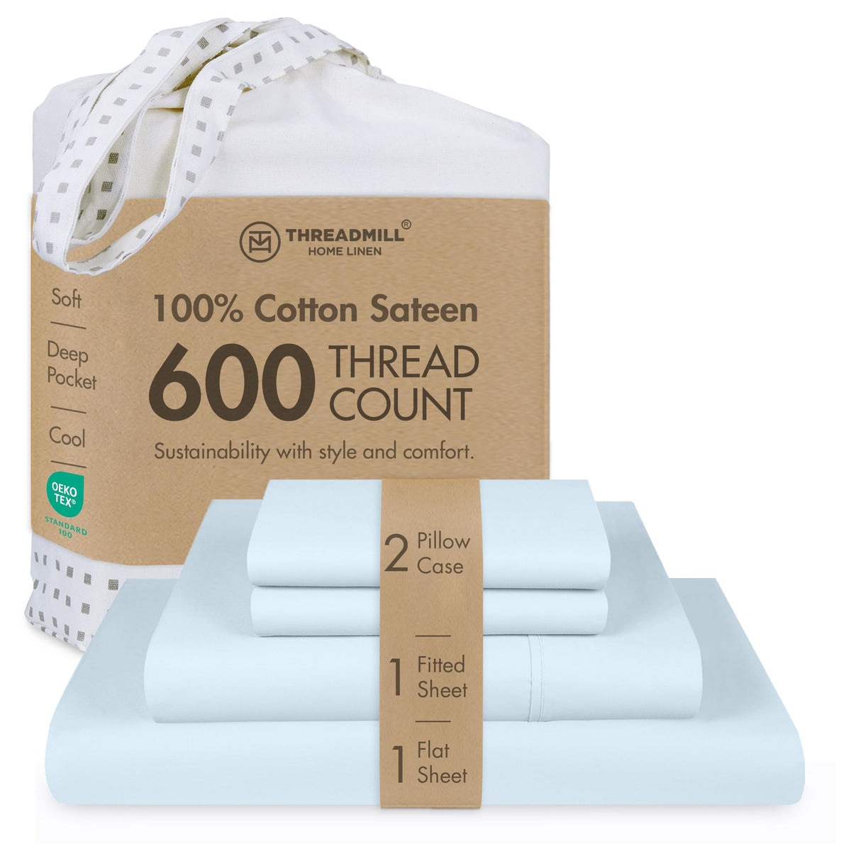 Threadmill 600 Thread Count Cotton Queen Sheet Set, Sateen, Dark Grey
