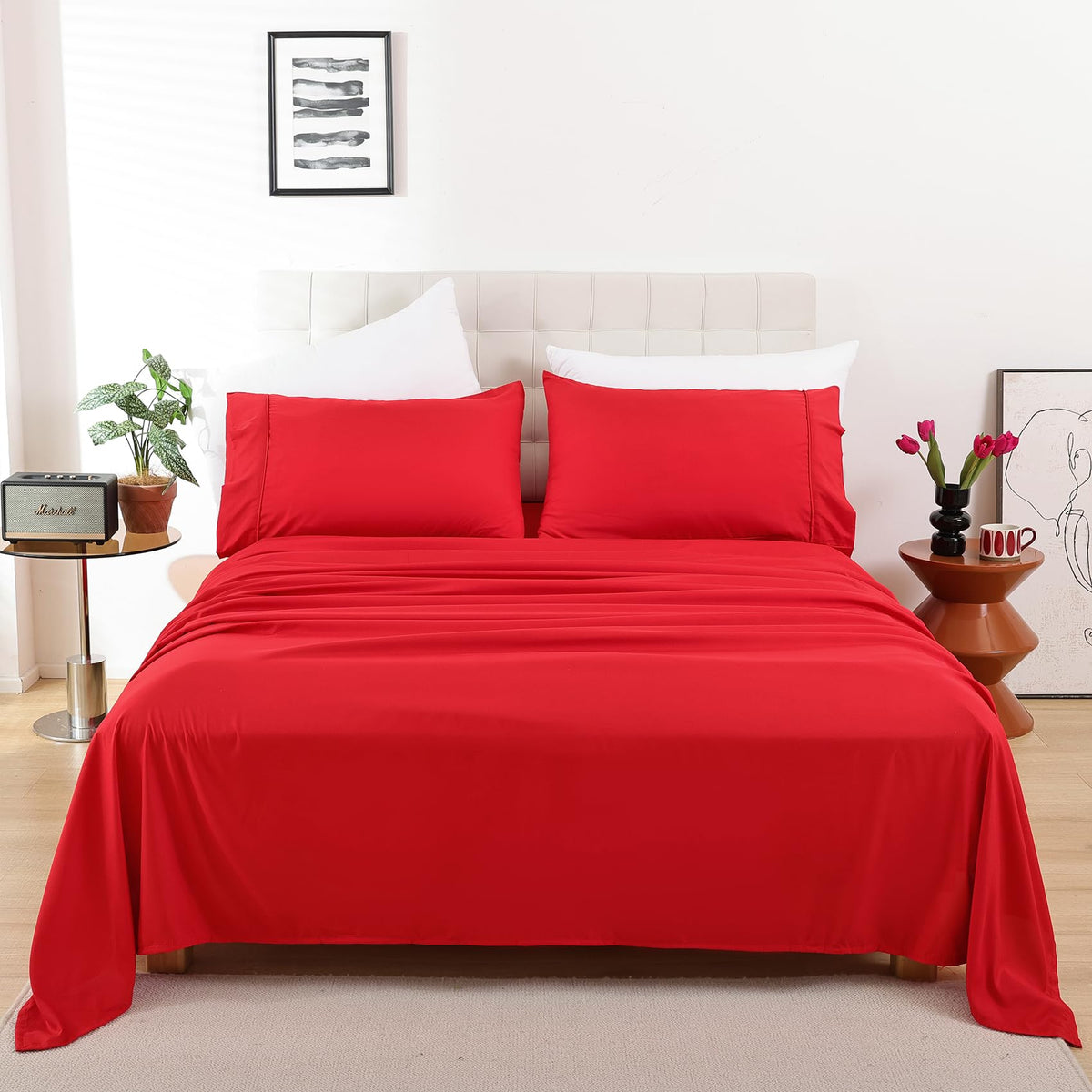Queen Size Sheet Set, 4 Piece Soft Bed Sheets, Deep Pockets