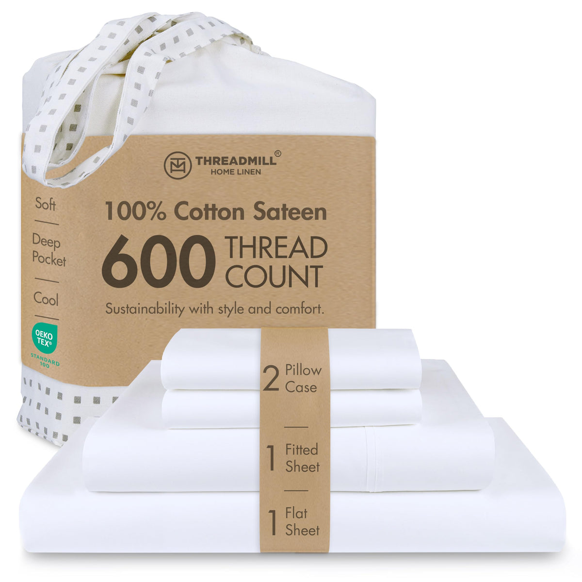 Threadmill 600 Thread Count Cotton Queen Sheet Set, Sateen, Dark Grey