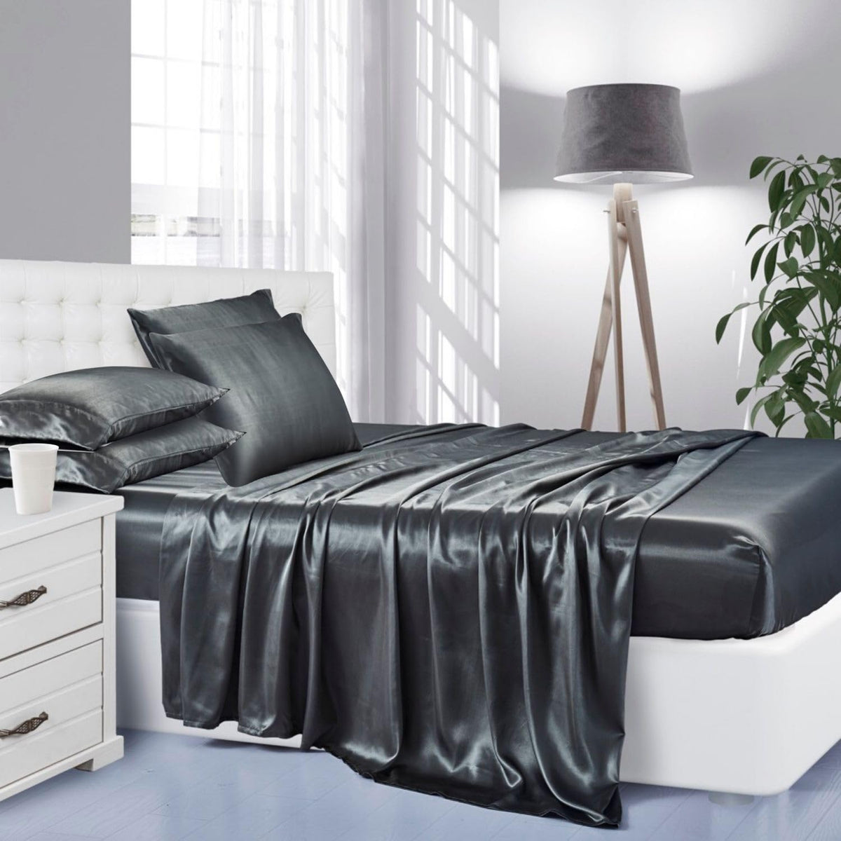 Silk like Satin Sheets, Queen Size Bed Sheet Set, Light Gray, 4 Piece