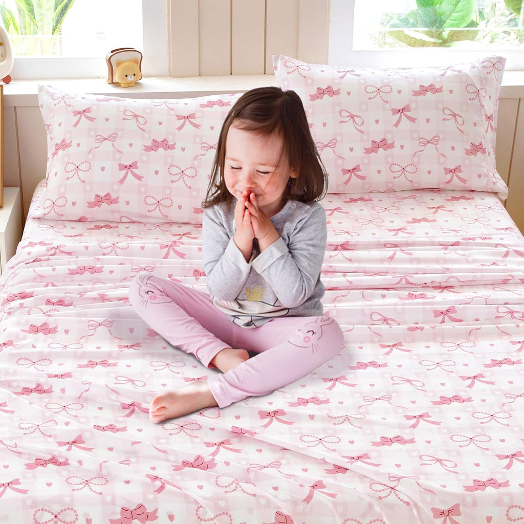 Full Sheet Set Kids - Pink Check 4 Pieces Soft Microfiber Cartoon Style Bedsheets for Boys Girls Teens, Oeko TEX Breathable 15 Inch Deep Pocket Sheets(Pink Bow)
