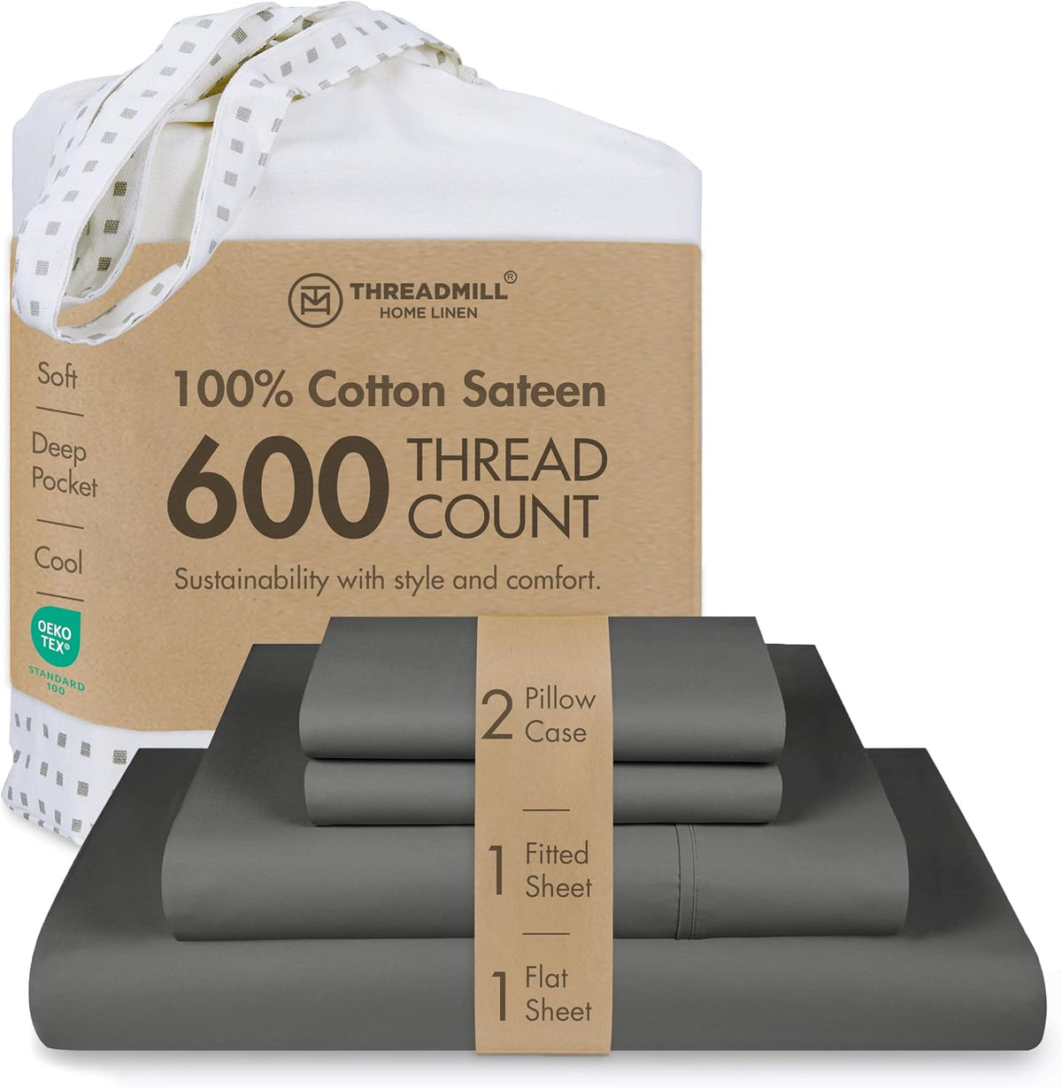Threadmill 600 Thread Count Cotton Queen Sheet Set, Sateen, Dark Grey