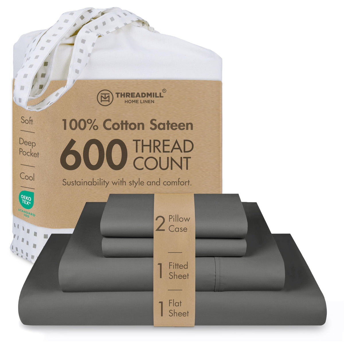 Threadmill 600 Thread Count Cotton Queen Sheet Set, Sateen, Dark Grey