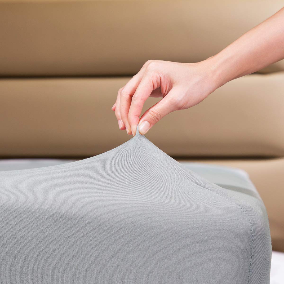 Fitted Sheet- COSMOPLUS King Fitted Sheet Only（No Flat Sheet or Pillow Shams）,4 Way Stretch Micro-Knit,Snug Fit,Wrinkle Free,for Standard Mattress and Air Bed Mattress from 8” Up to 14”,Beige