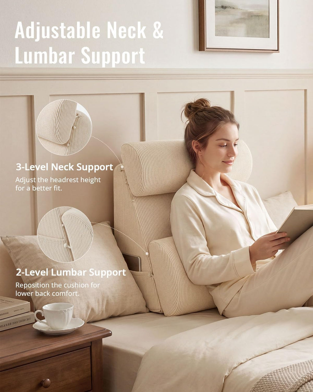 Blissful Diary Reading Pillow, Wide Backrest with Adjustable Support, Beige