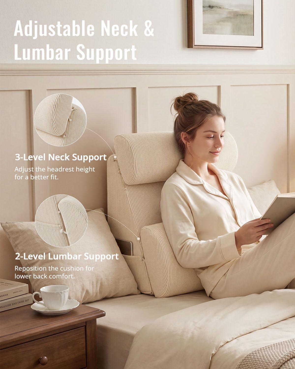 Blissful Diary Reading Pillow, Wide Backrest with Adjustable Support, Beige