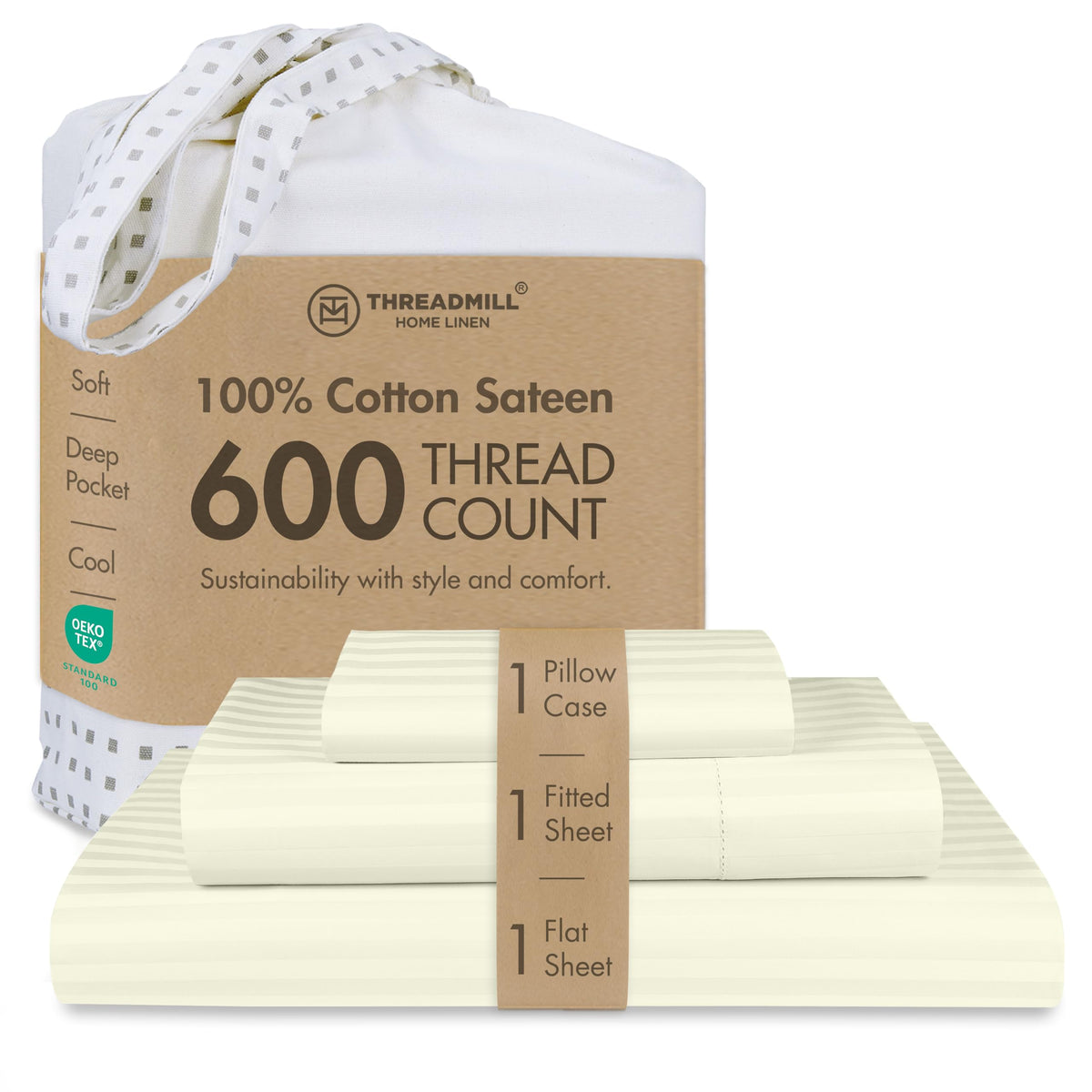 Threadmill 600 Thread Count Cotton Queen Sheet Set, Sateen, Dark Grey