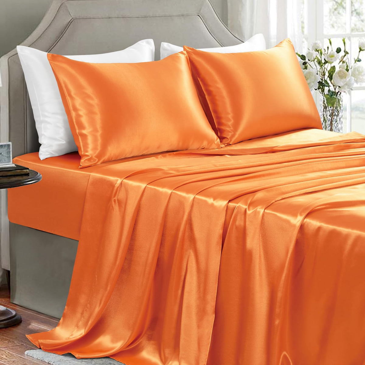 Satin Sheets Full Size - 4 Pieces Luxury Silky Soft Bed Sheets, Wrinkle-Free Black Satin Silk Sheet Set with 1 Deep Pocket Fitted Sheet, 1 Flat Sheet, 2 Pillow Cases