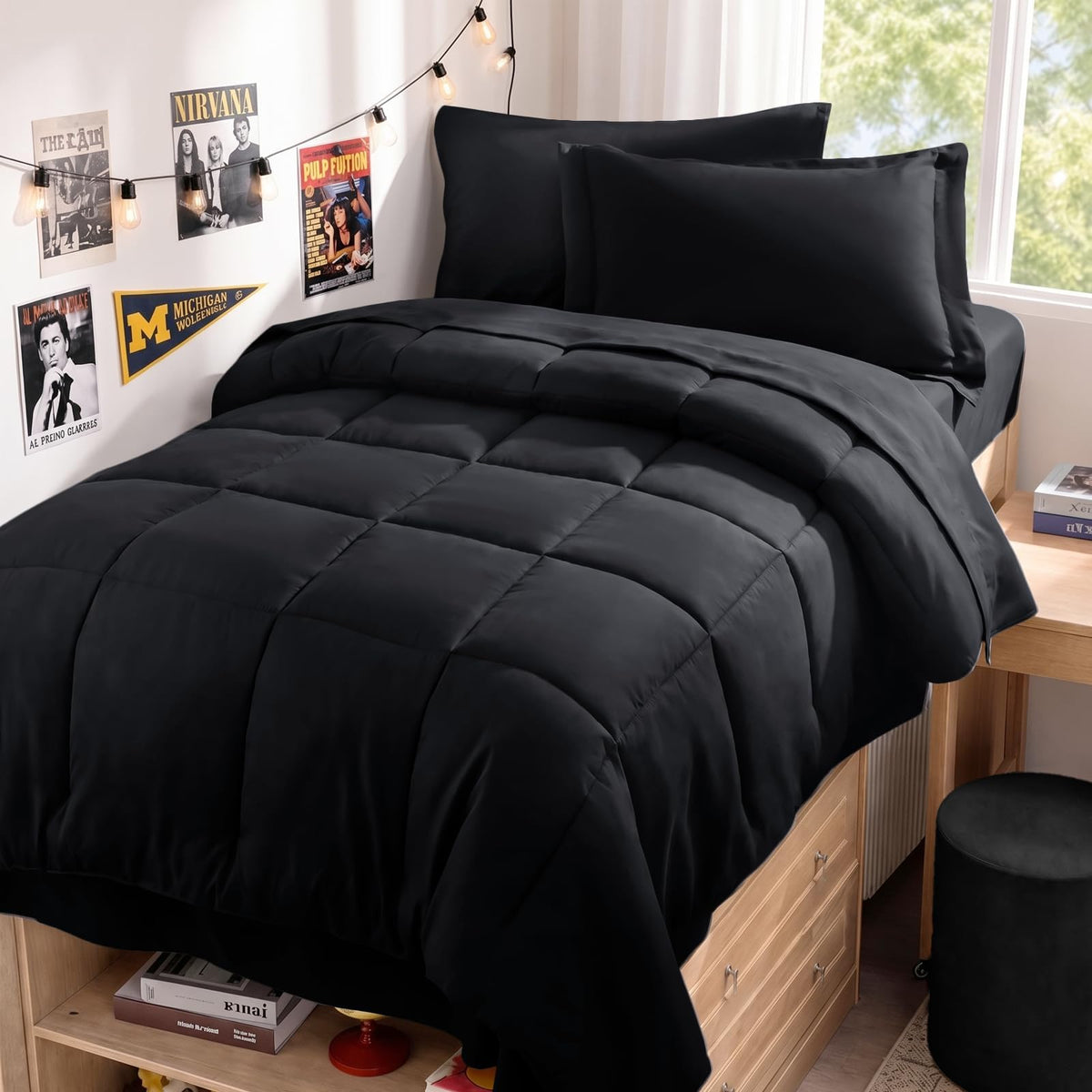 JOLLYVOGUE Queen Comforter Set, Ultra-Soft Bed in a Bag Queen Size 7 Pieces, Oeko-TEX Certified Bedding Set with Down Alternative Comforter, Sheets, Pillowcases & Shams, Black