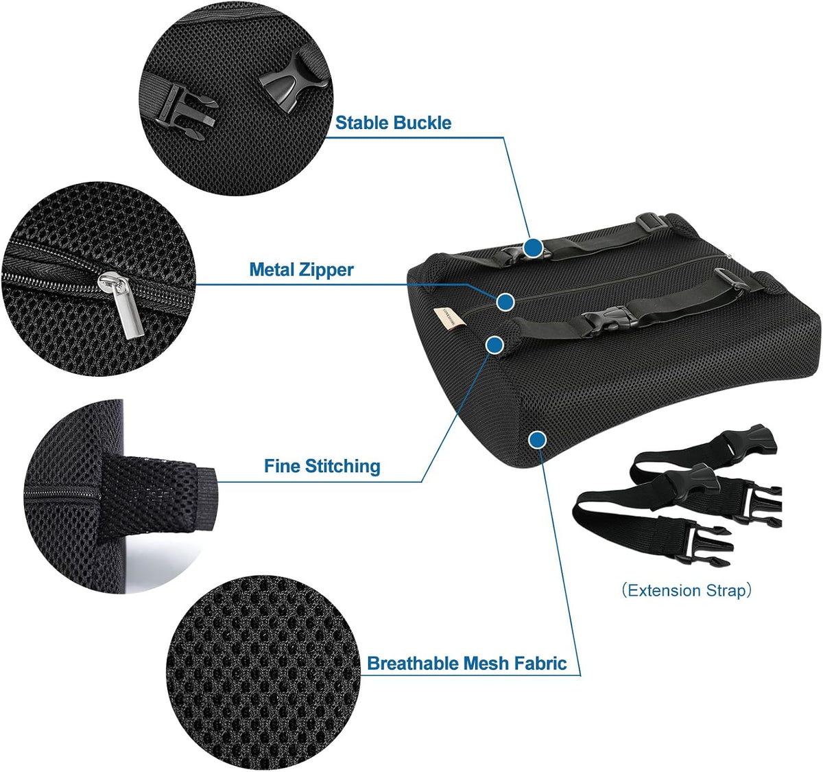 Lumbar Pillow for Chair and Car, Back Support for Office, Memory Foam Cushion with Mesh Cover - Black