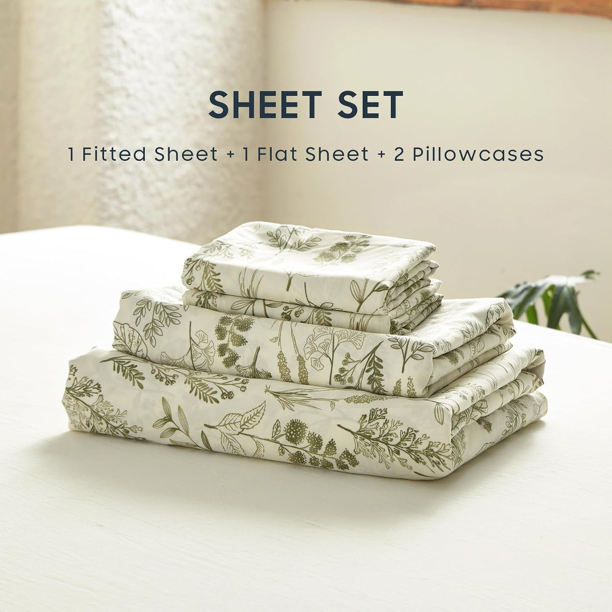 Wake In Cloud - Botanical Bed Sheets, 4-Piece Sheet Set, Floral Shabby Chic Leaves Pattern Printed Coquette Vintage Aesthetic Bedding, Deep Pocket, Olive Green, King Size