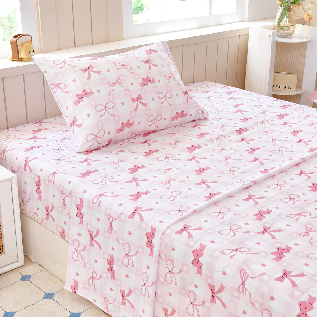 Full Sheet Set Kids - Pink Check 4 Pieces Soft Microfiber Cartoon Style Bedsheets for Boys Girls Teens, Oeko TEX Breathable 15 Inch Deep Pocket Sheets(Pink Bow)