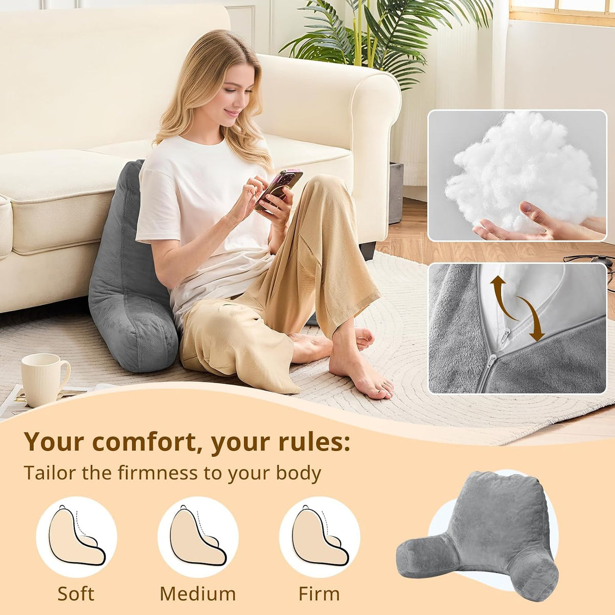 Sasttie Reading Pillow for Bed, Back Pillow for Sitting Up, Dark Grey