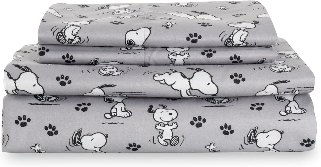 Berkshire Peanuts® Sheet Set Queen Size - 4 Pieces,Cute Character Snoopy Printed Soft Microfiber Bed Sheets,Peanuts Poses and Paws Grey