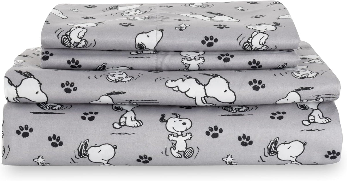 Berkshire Peanuts® Sheet Set Queen Size - 4 Pieces,Cute Character Snoopy Printed Soft Microfiber Bed Sheets,Peanuts Poses and Paws Grey