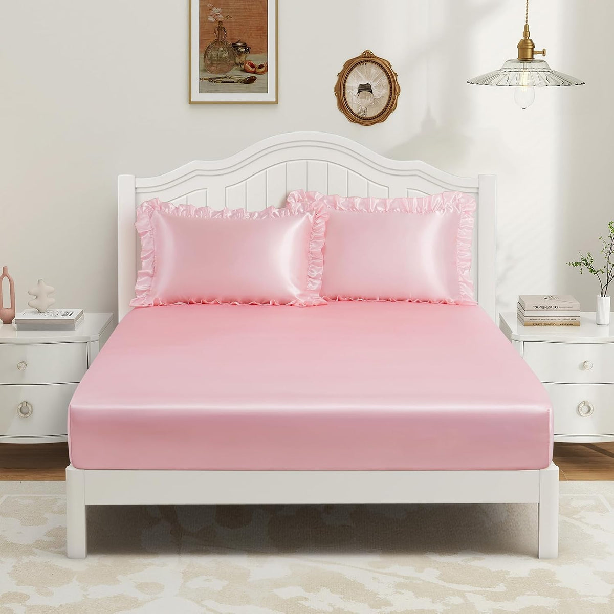 P Pothuiny 3-Piece Set Ruffle Satin Pillowcases & Twin Fitted Sheet