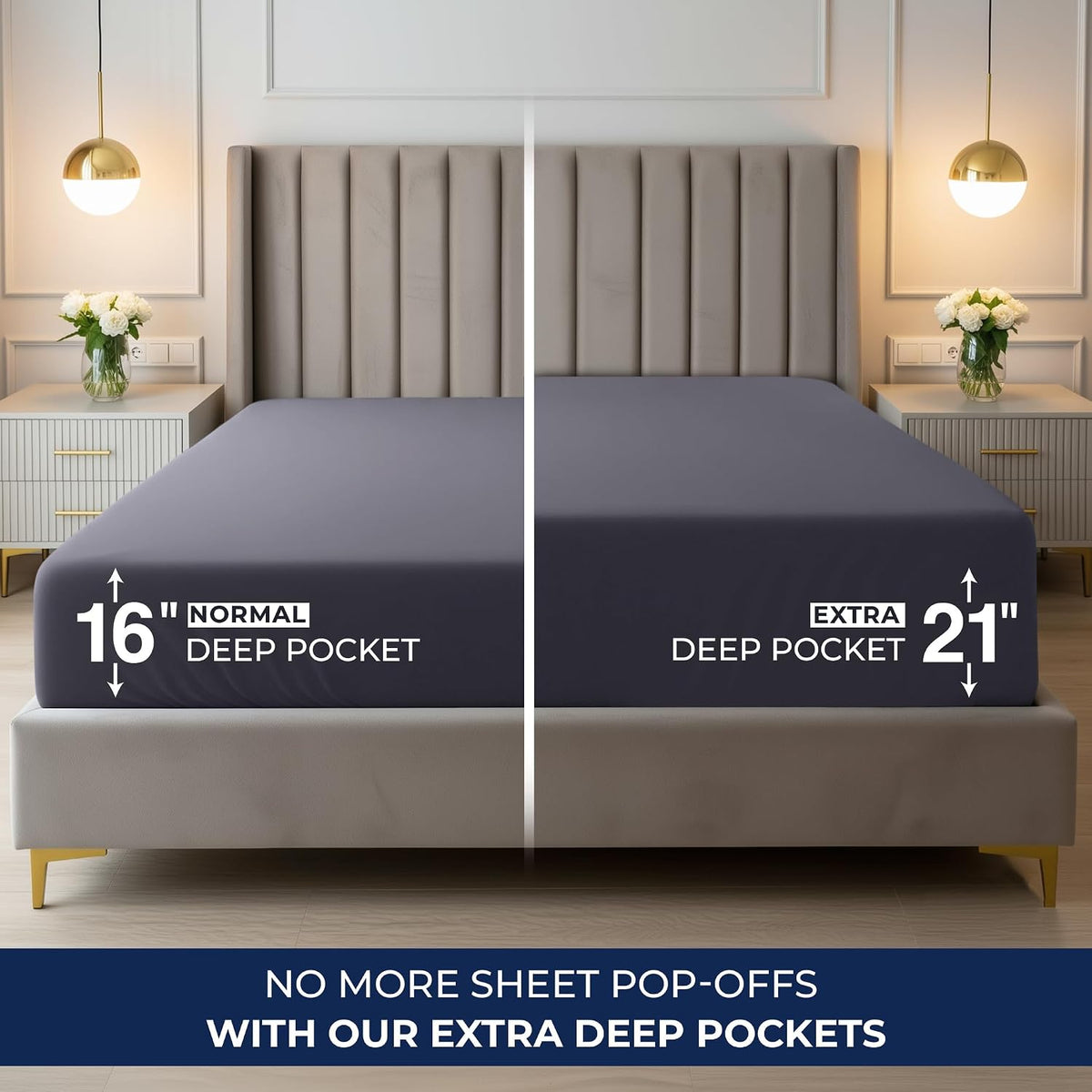 Extra Deep Pocket Queen Fitted Sheet, Fits 16-21 Inch Mattress, Grey