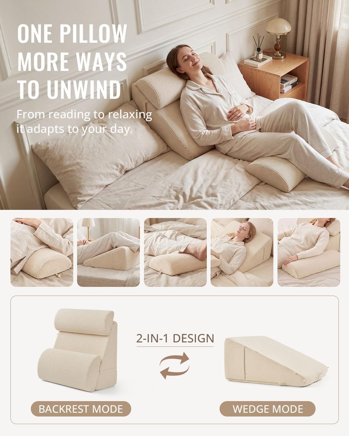 Blissful Diary Reading Pillow, Wide Backrest with Adjustable Support, Beige