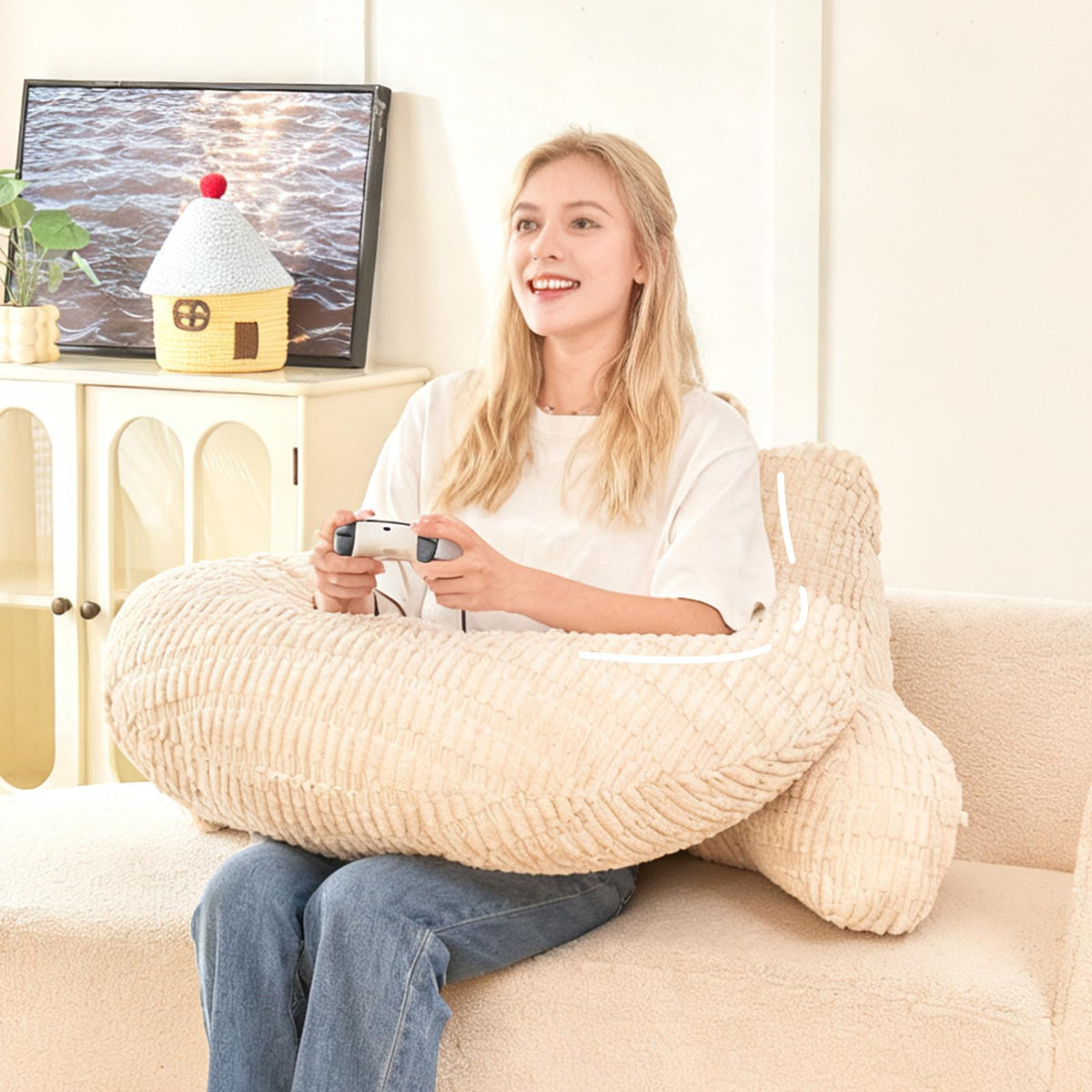 Reading Pillow for Sitting in Bed with Arm,White Corduroy, M