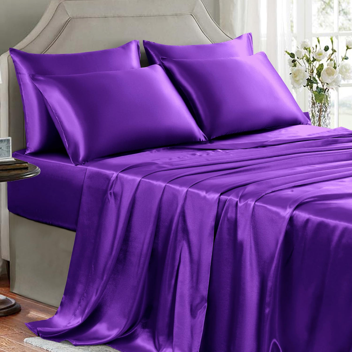 Satin Sheets Full Size - 4 Pieces Luxury Silky Soft Bed Sheets, Wrinkle-Free Black Satin Silk Sheet Set with 1 Deep Pocket Fitted Sheet, 1 Flat Sheet, 2 Pillow Cases