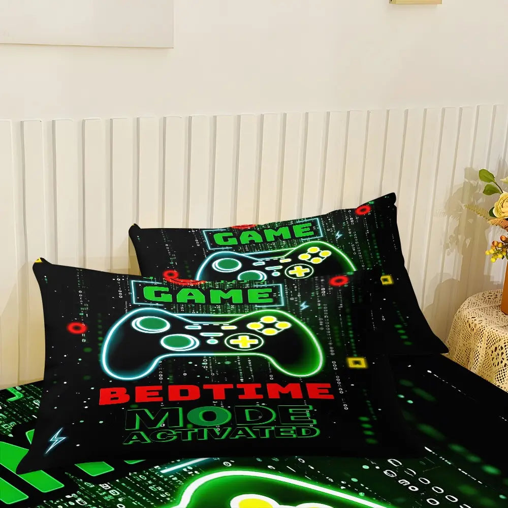 Game Controller Bed Sheet Set (1 Fitted + 2 Pillowcases), Modern Style, Complete Sheet Set, Suitable for Dorms, Bedrooms, Hotels, All Seasons, No Fillers, Polyester Bedding Set