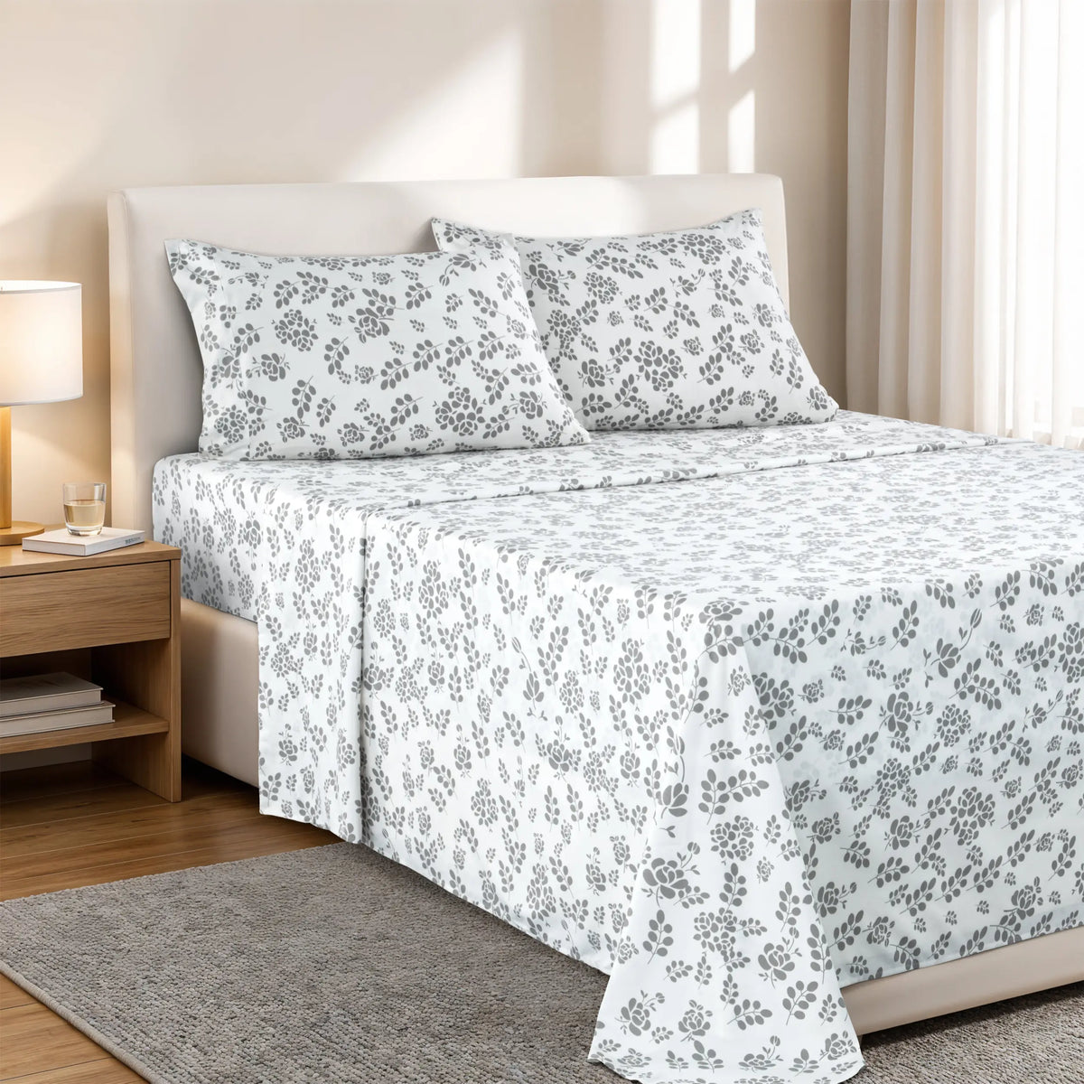 LDC Lux Decor Collection 4-Piece Soft Breathable Decorative Bedsheet Set - 16" Deep Pocket, Floral Bedding, Embroidered Pillowcases, Quatrefoil Design, Fade-Resistant for Long Use, Breathable Warm, Fits Queen/King/California King