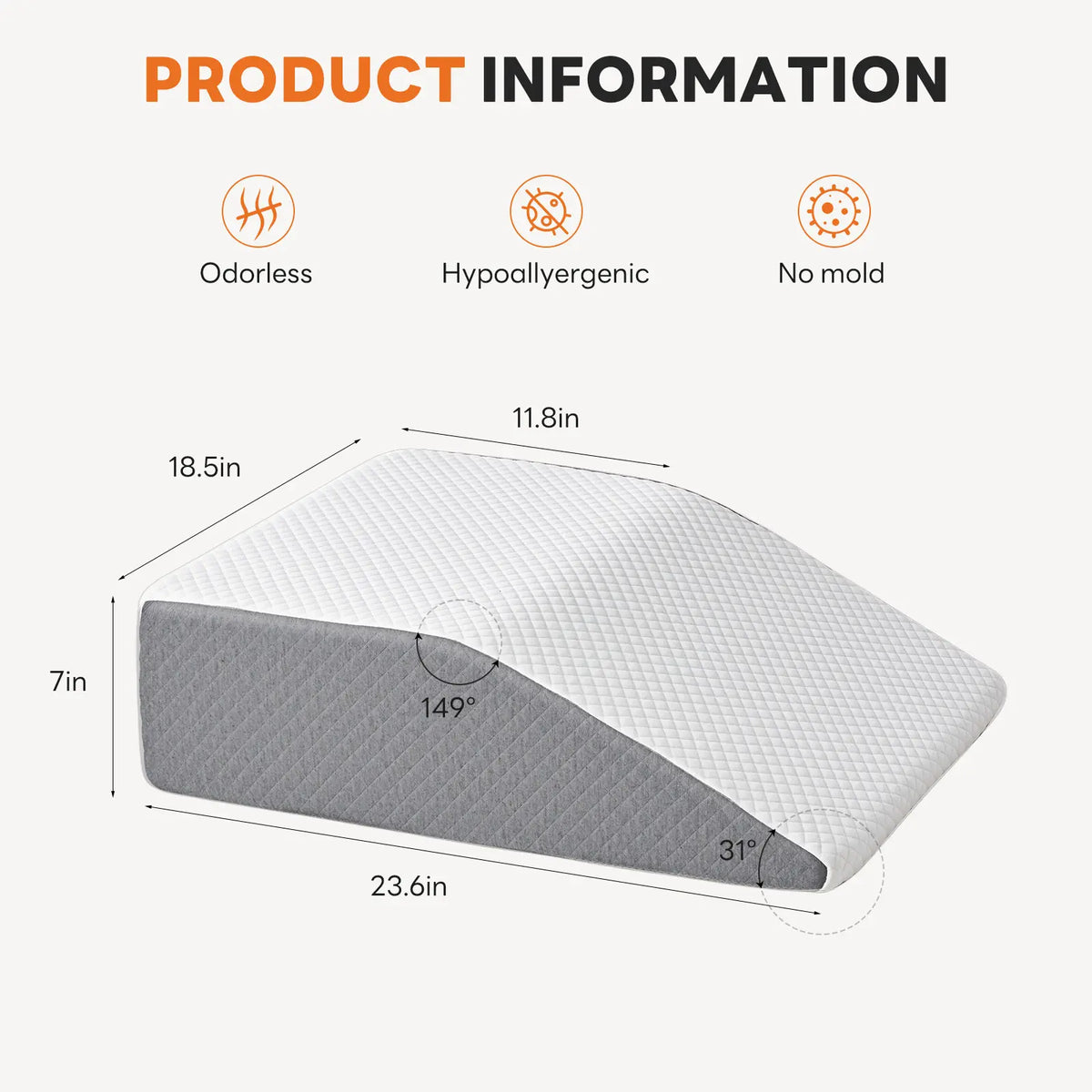 Sweetcrispy Premium Memory Foam Wedge Pillow - Supportive Sitting Sleep Cushion with Machine Washable Anti-Allergic Cover, Triangle Design for Sleep Apnea, Neck Care, Minimal Care Cooling Bedding Comfort