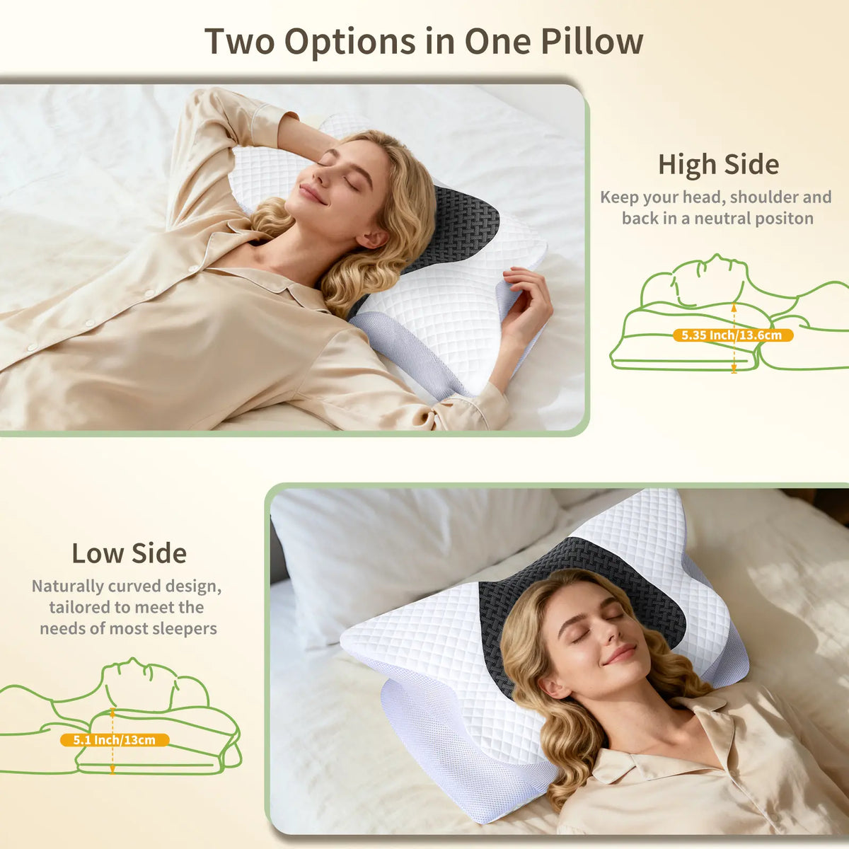 【Stockup】Durable Memory Foam Pillow, Ergonomic Contour Orthopedic Cervical Pillow with Dual Height Design, Skin-Friendly Polyester, Anti-Bacterial, Breathable, Machine Washable for Neck Support (Side, Back Sleepers), Home Bedding Essential