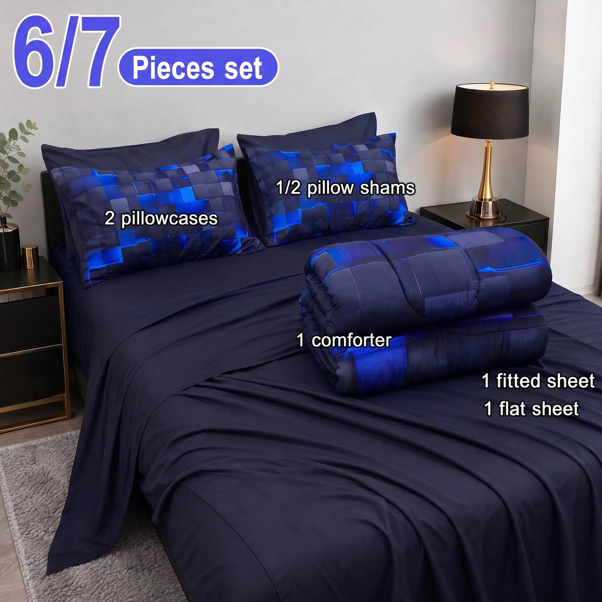 [Weekly Deal] 3/6/7Pcs Geometric Plaid Comforter Set – Modern Blue Cyber Grid Print, All Season Lightweight Bedding with fit Sheets, Soft Breathable Microfiber for Bedroom Dorm mid year sale