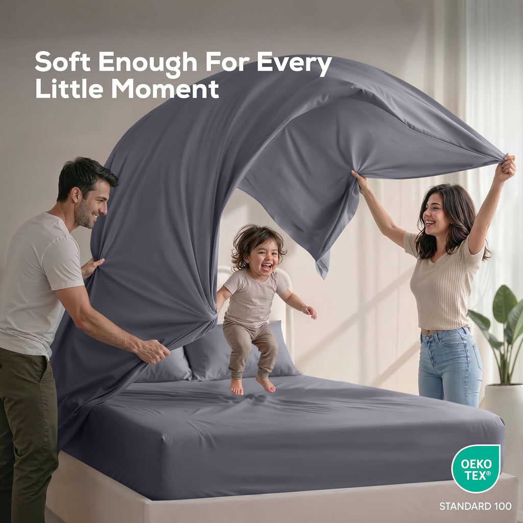 King Sheets Set, 4 Pieces 16" Deep Pocket Hotel Luxury Bed Sheets, Grey