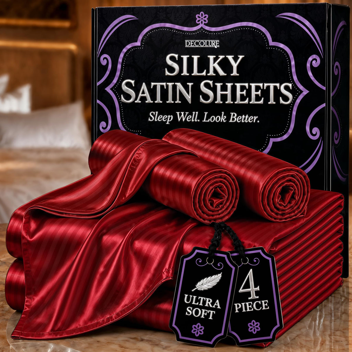 DECOLURE Satin Sheets Queen Size | Softer Than Silk | Luxury 4 Pc Bed Set