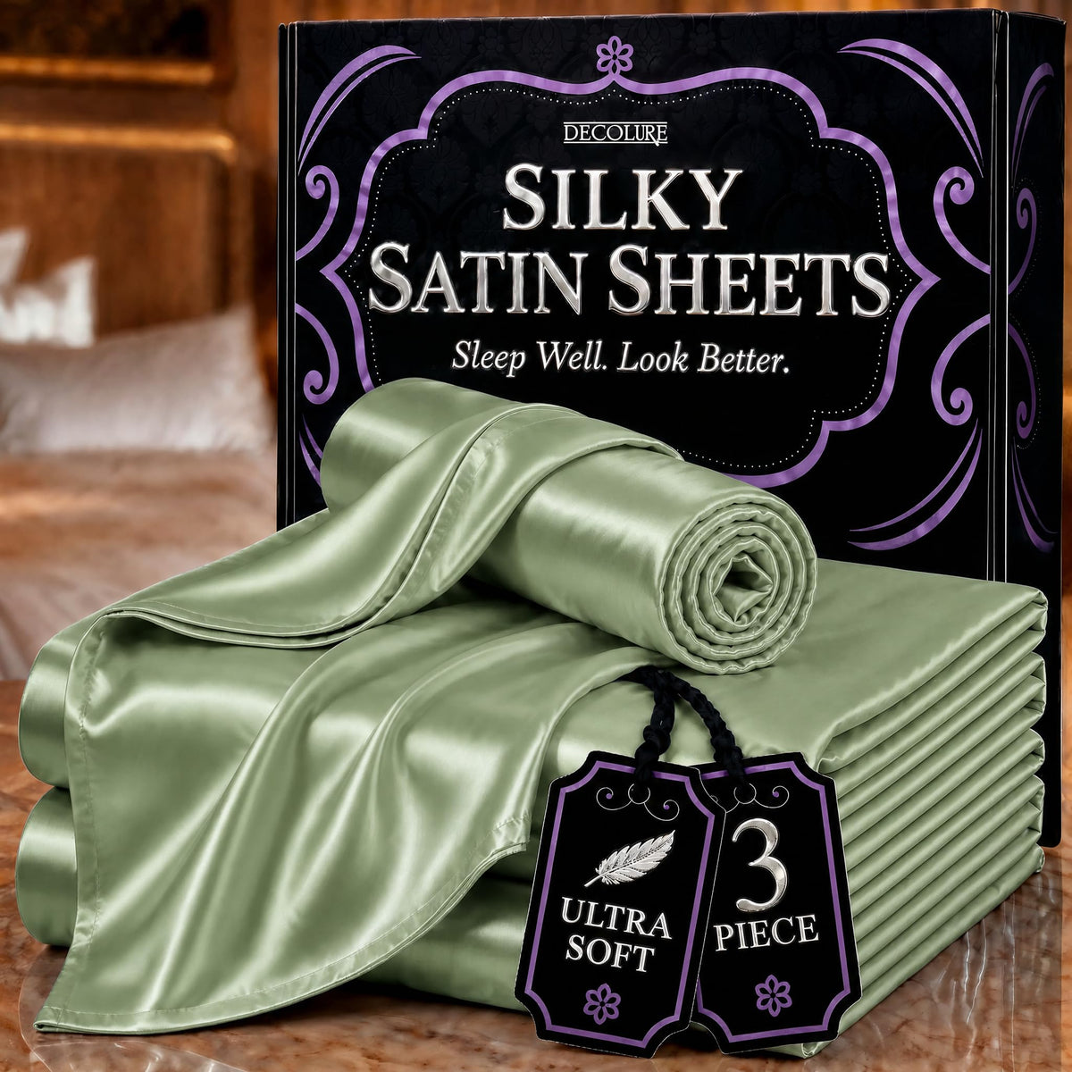 DECOLURE Satin Sheets Queen Size | Softer Than Silk | Luxury 4 Pc Bed Set