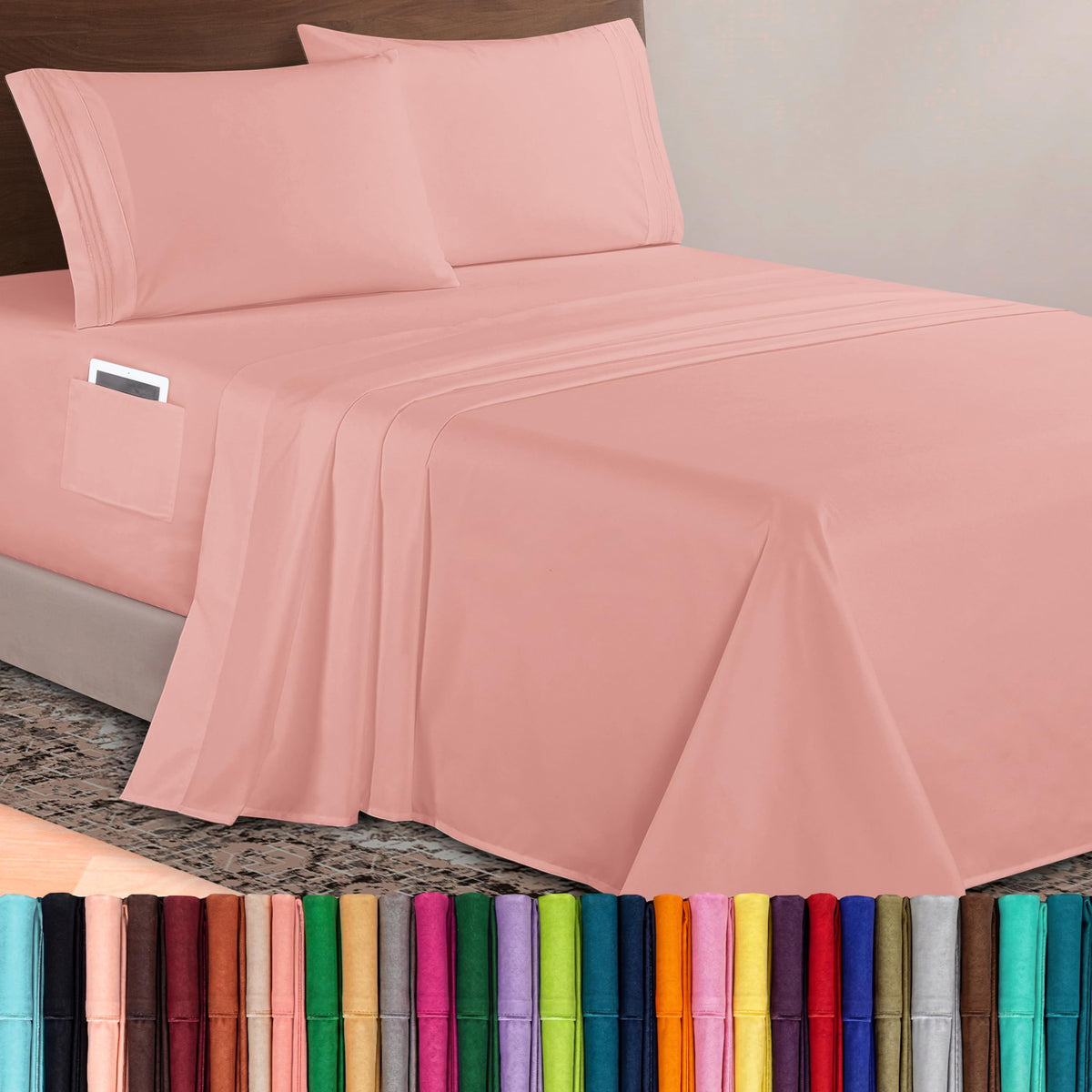 Elegant Comfort Luxurious 1500 Premium Hotel Quality Microfiber Three Line Embroidered Softest 4-Piece Bed Sheet Set, Wrinkle and Fade Resistant, Queen, Light Pink