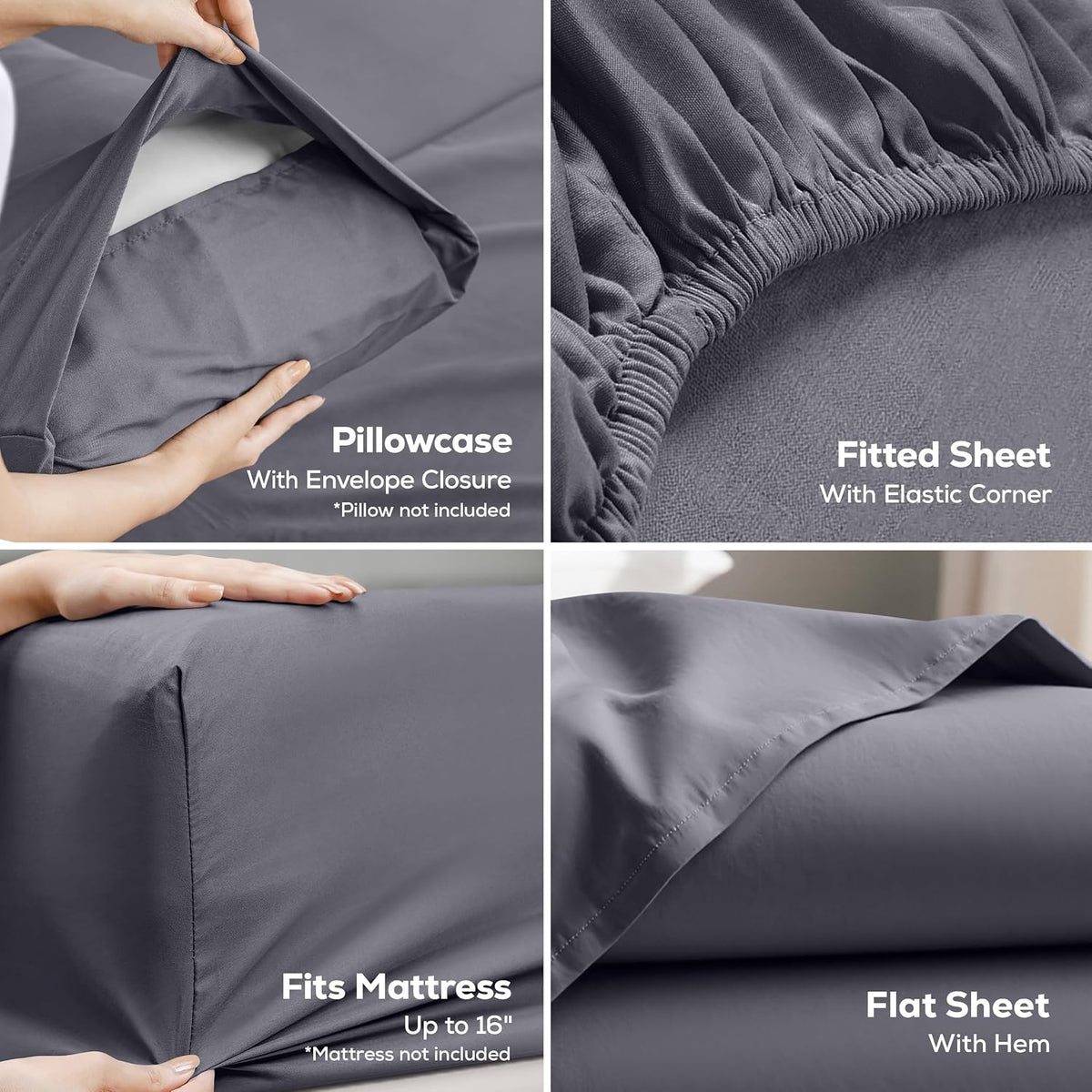 King Sheets Set, 4 Pieces 16" Deep Pocket Hotel Luxury Bed Sheets, Grey