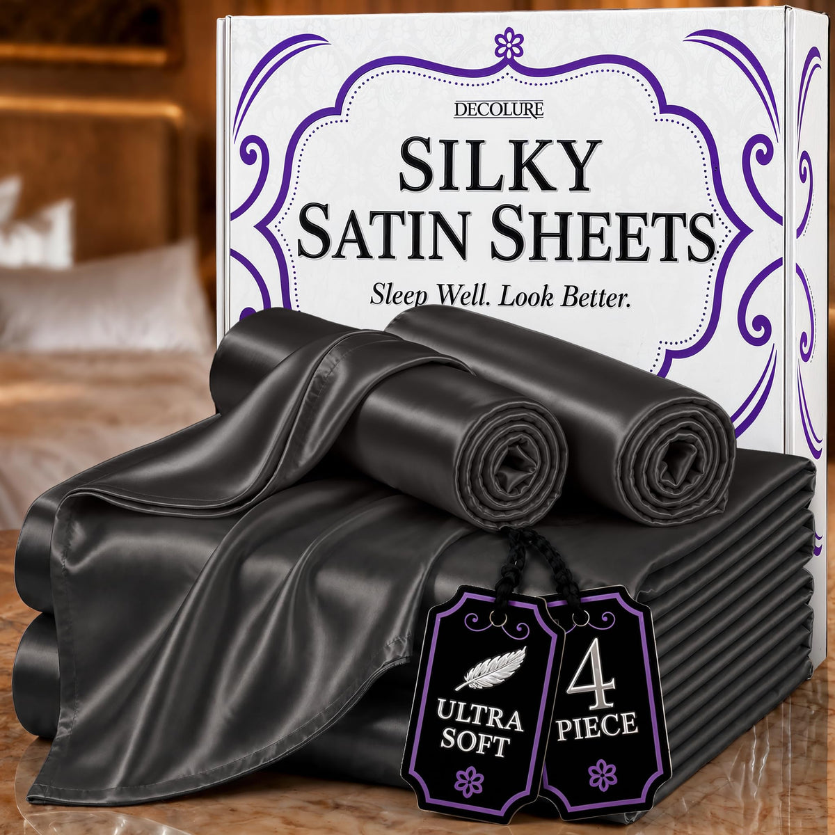 DECOLURE Satin Sheets Queen Size | Softer Than Silk | Luxury 4 Pc Bed Set