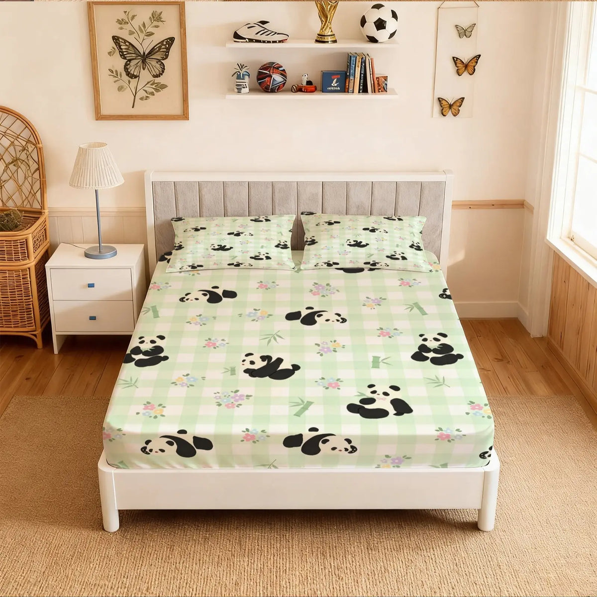 Panda Bamboo Fitted Sheet 3-Piece Set (1 Fitted Sheet + 2 Pillowcases), Cartoon Style Deep Pocket Fitted Sheet, Soft Breathable Microfiber Bedding, Bed Sheets, Bed Linens, for Teens’ Bedroom Decor, Ideal Birthday & Holiday Gifts