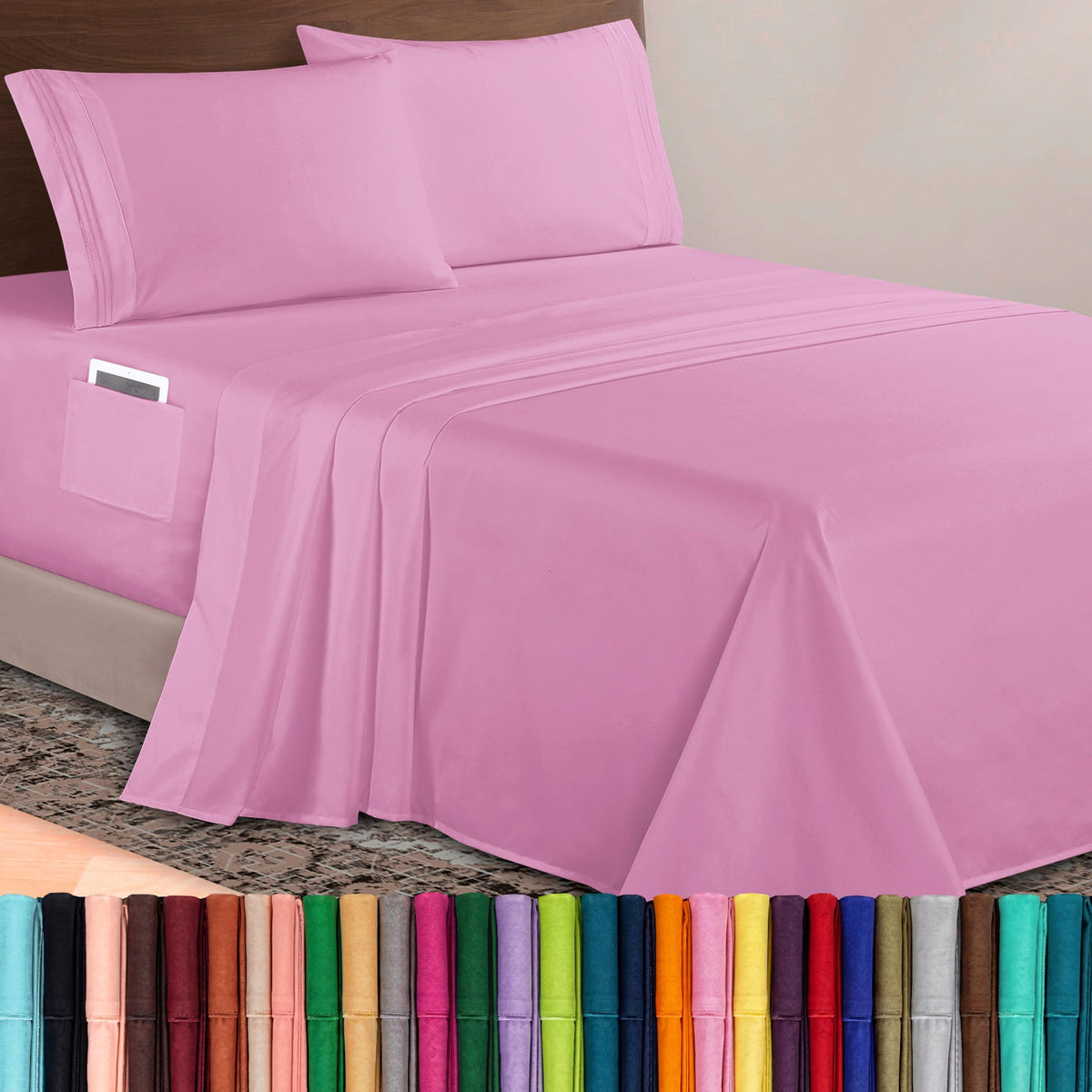 Elegant Comfort Luxurious 1500 Premium Hotel Quality Microfiber Three Line Embroidered Softest 4-Piece Bed Sheet Set, Wrinkle and Fade Resistant, Queen, Light Pink