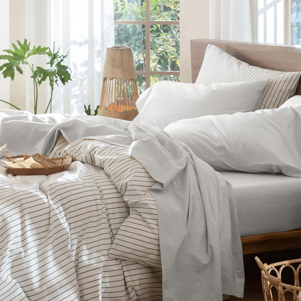 MooMee Sheet Set 100% Washed Cotton Lived-in Extra Deep Pocket King
