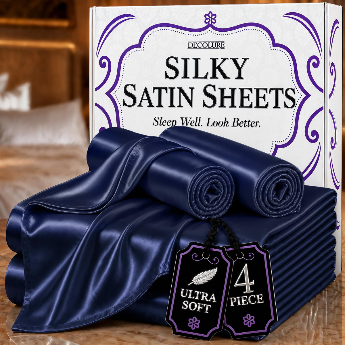 DECOLURE Satin Sheets Queen Size | Softer Than Silk | Luxury 4 Pc Bed Set