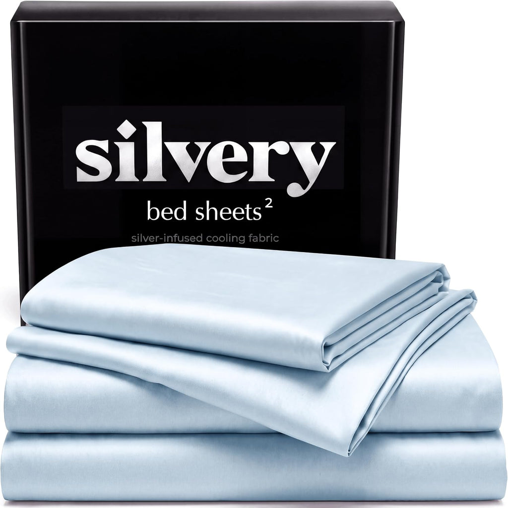 Silvery Silver Infused Ice Blue Bed Sheets Set - Award-Winning Self-Cooling Fabric with Self-Cleaning Silvery Technology that Stays Fresh 3X Longer for Hygienic Sleep