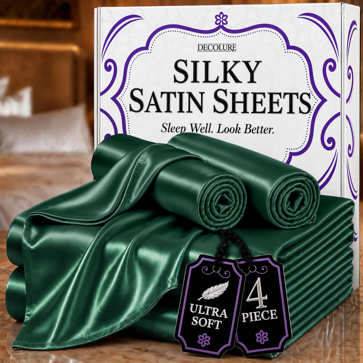 DECOLURE Satin Sheets Queen Size | Softer Than Silk | Luxury 4 Pc Bed Set