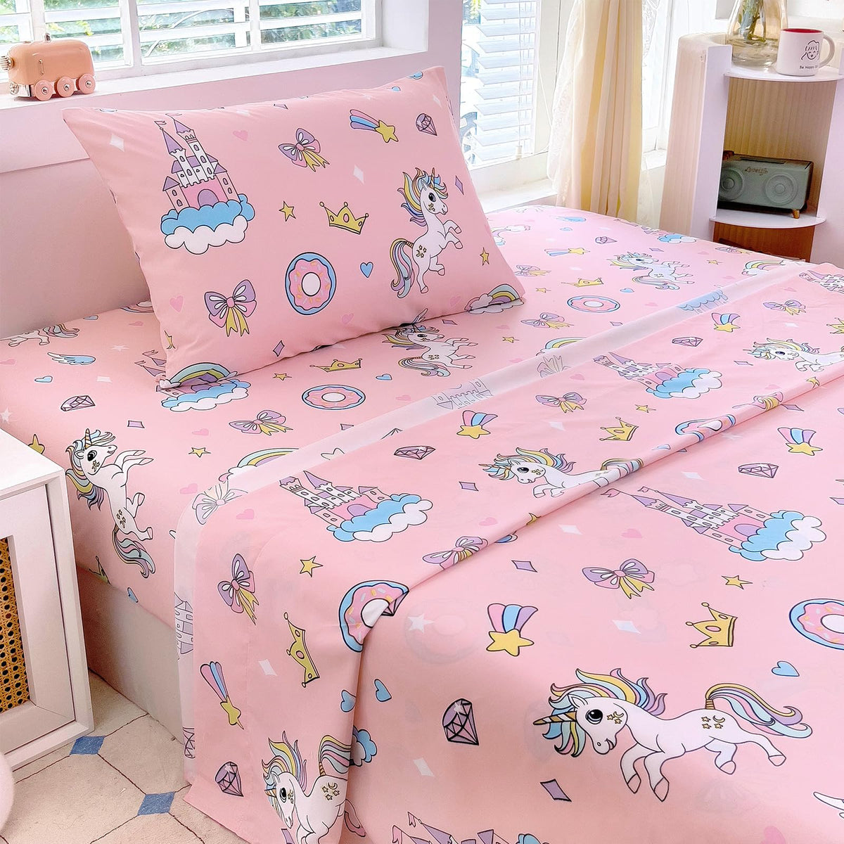 Full Sheet Set Kids - Pink Check 4 Pieces Soft Microfiber Cartoon Style Bedsheets for Boys Girls Teens, Oeko TEX Breathable 15 Inch Deep Pocket Sheets(Pink Bow)