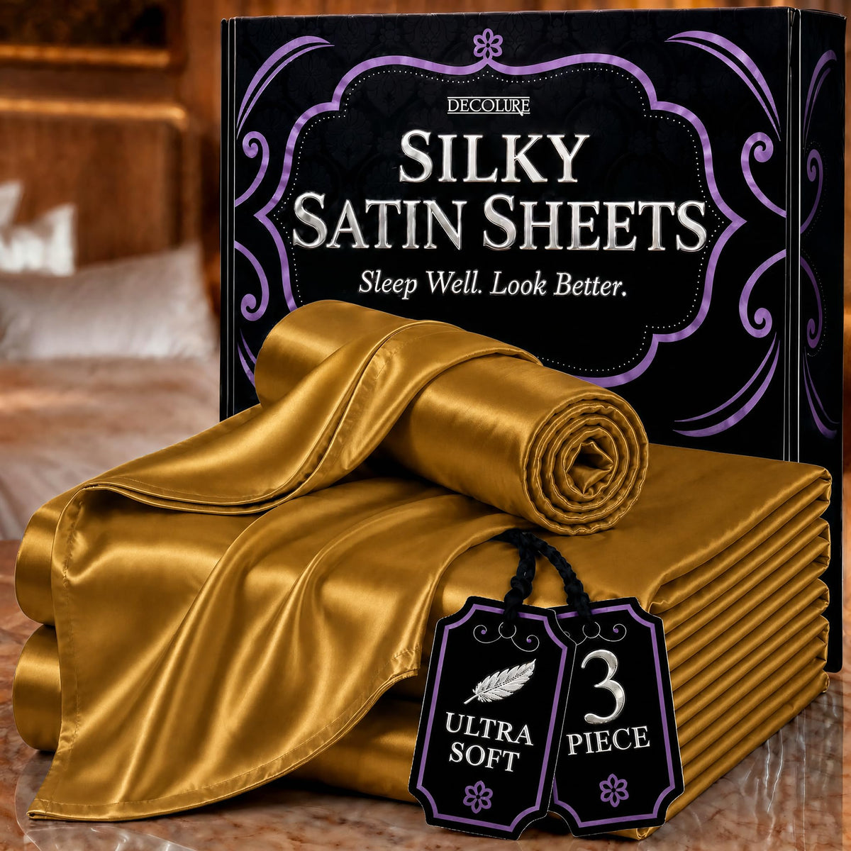 DECOLURE Satin Sheets Queen Size | Softer Than Silk | Luxury 4 Pc Bed Set