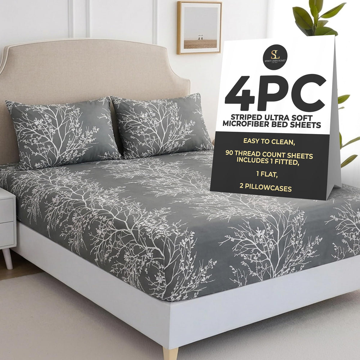 Home 4-Piece Elegant Soft Bed Sheet Set - King, Hunter/White