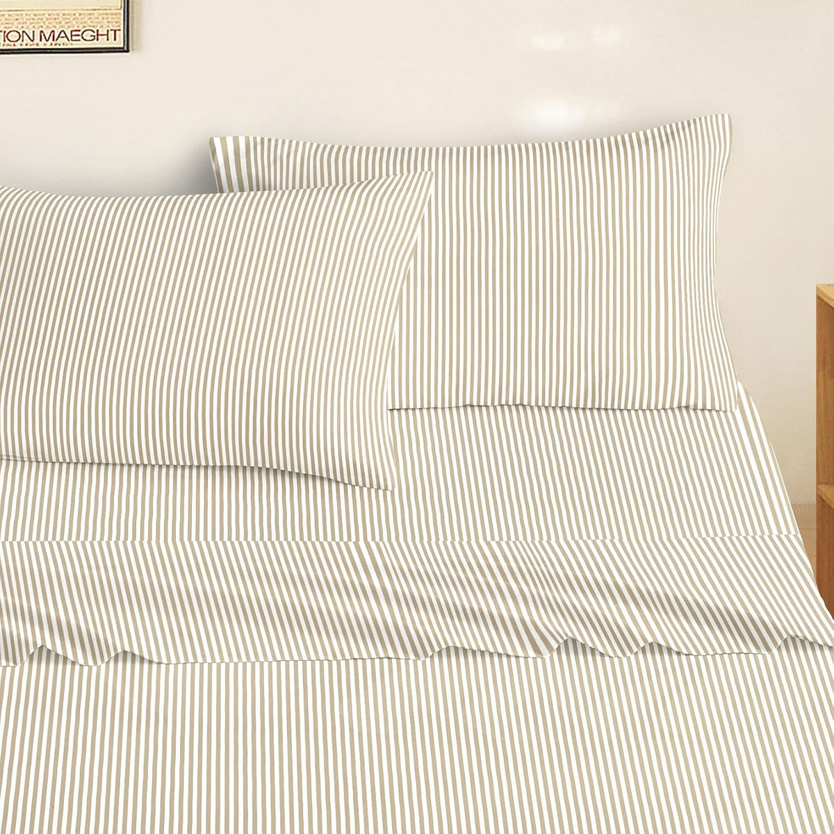 Wake In Cloud - Striped Bed Sheets, 4-Piece Sheet Set, Ticking Vertical Pin Stripe Modern Farmhouse Pattern Printed Bedding, Deep Pocket, Light Brown White, Queen Size
