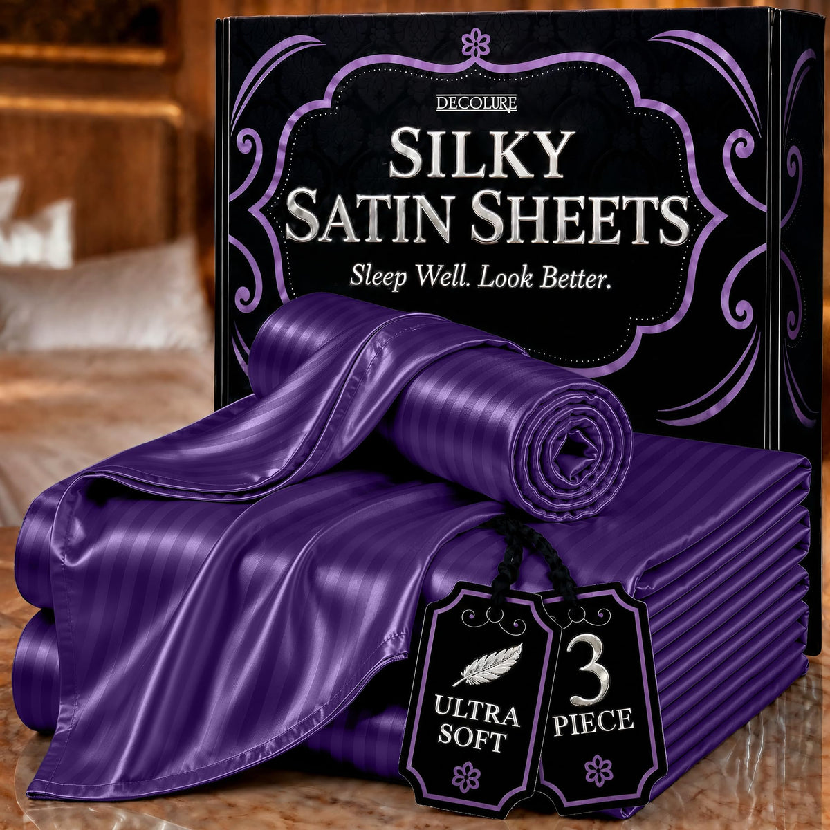 DECOLURE Satin Sheets Queen Size | Softer Than Silk | Luxury 4 Pc Bed Set