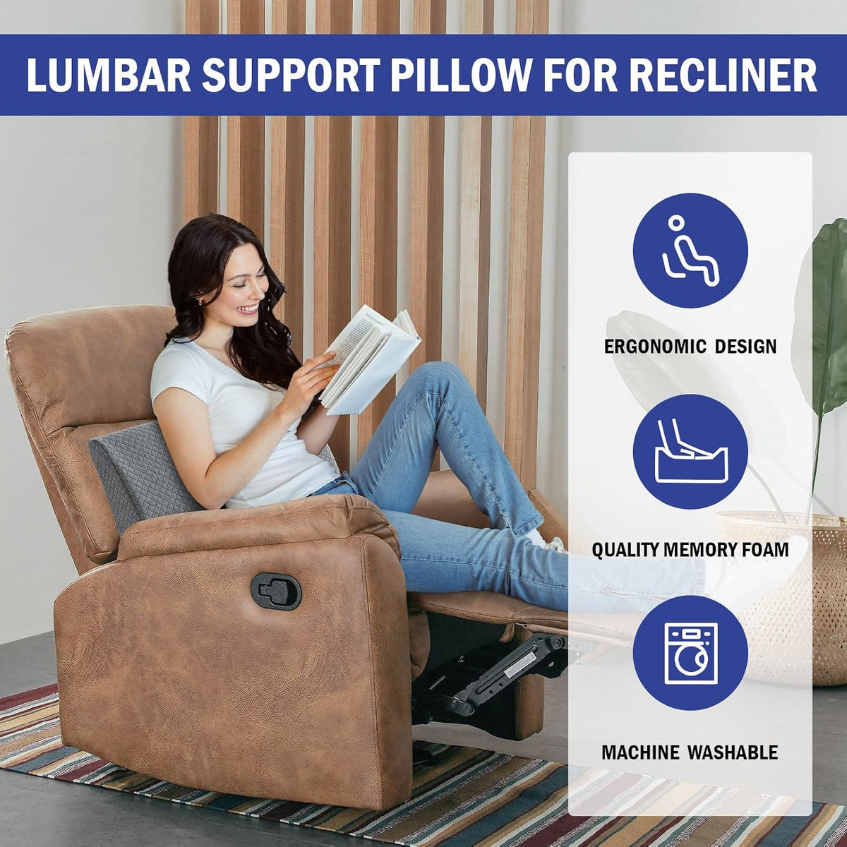 HOMBYS Lumbar Support Pillow for Recliner Chair, Memory Foam Back Support Cushion for Elderly,Extra Large Lumbar Support Pillow,Thick Backrest for Home Reading (Grey, 20“x13.5"x5")