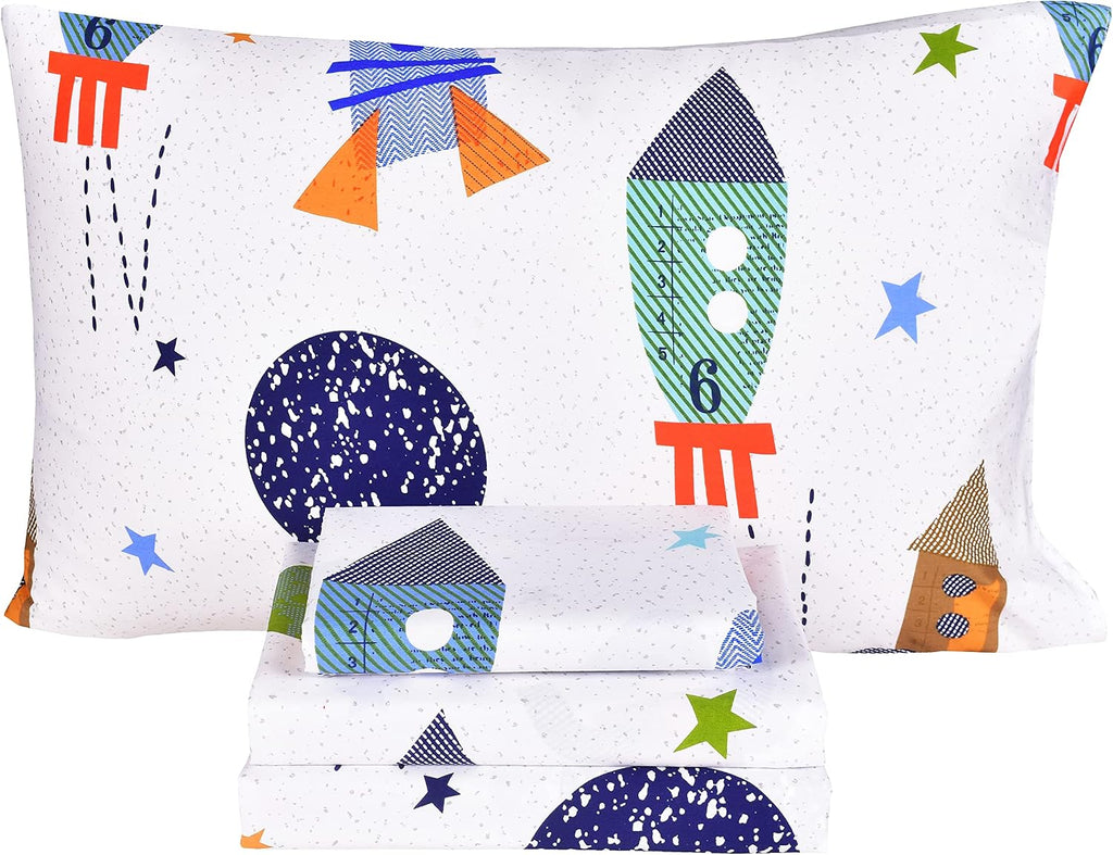 Scientific Sleep Moon & Stars Boys Girls 100% Cotton 3 Pcs Twin Bed Sheet Set Kids Toddler Teen, Flat Sheet & Fitted Sheet & Pillowcase Kids Bedding Set